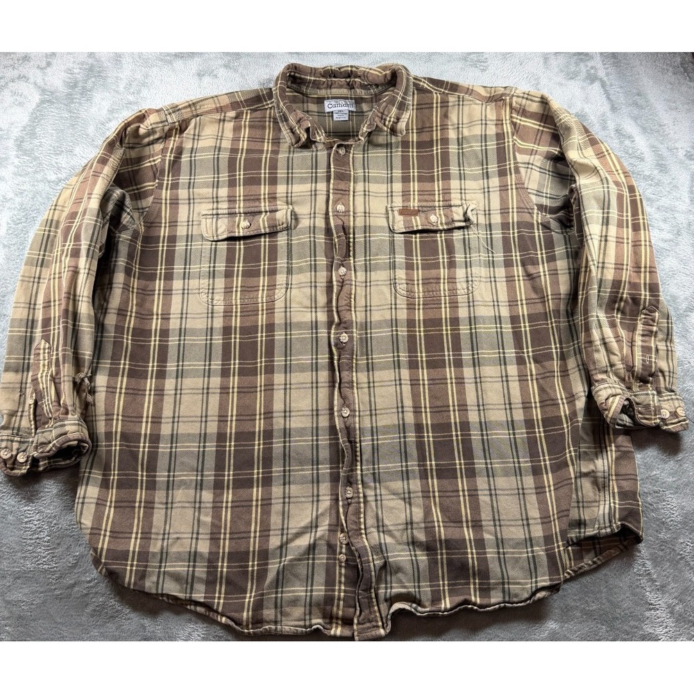 Carhartt 3XL Plaid Flannel Shirt Mens Brown Button Front Workwear